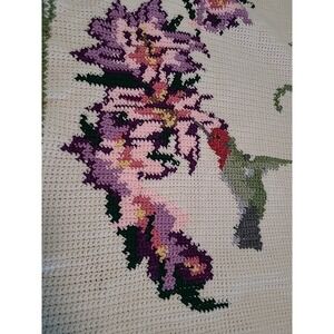 Hand Knit Flowers And Hummingbirds Couch/Table Runnner 28 X 58 Purple Pink Green